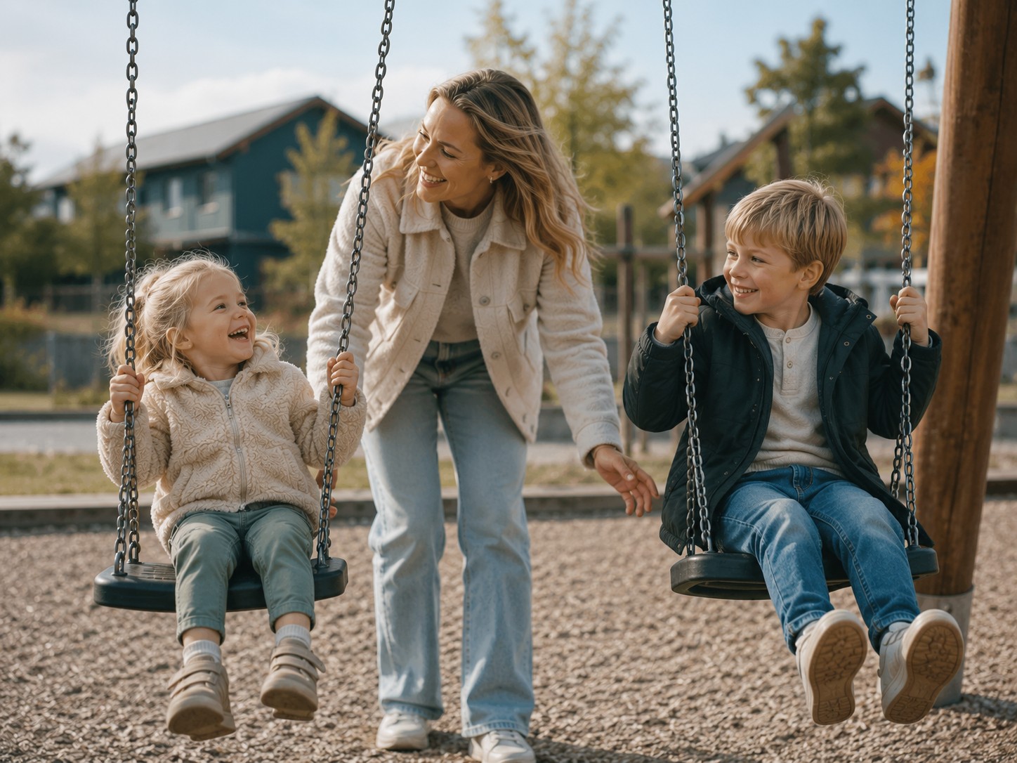 Barn på husker i lekepark på Strømmen