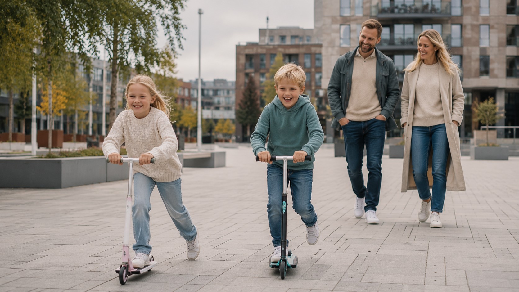 Barn på sparkesykkel på torget i Jessheim