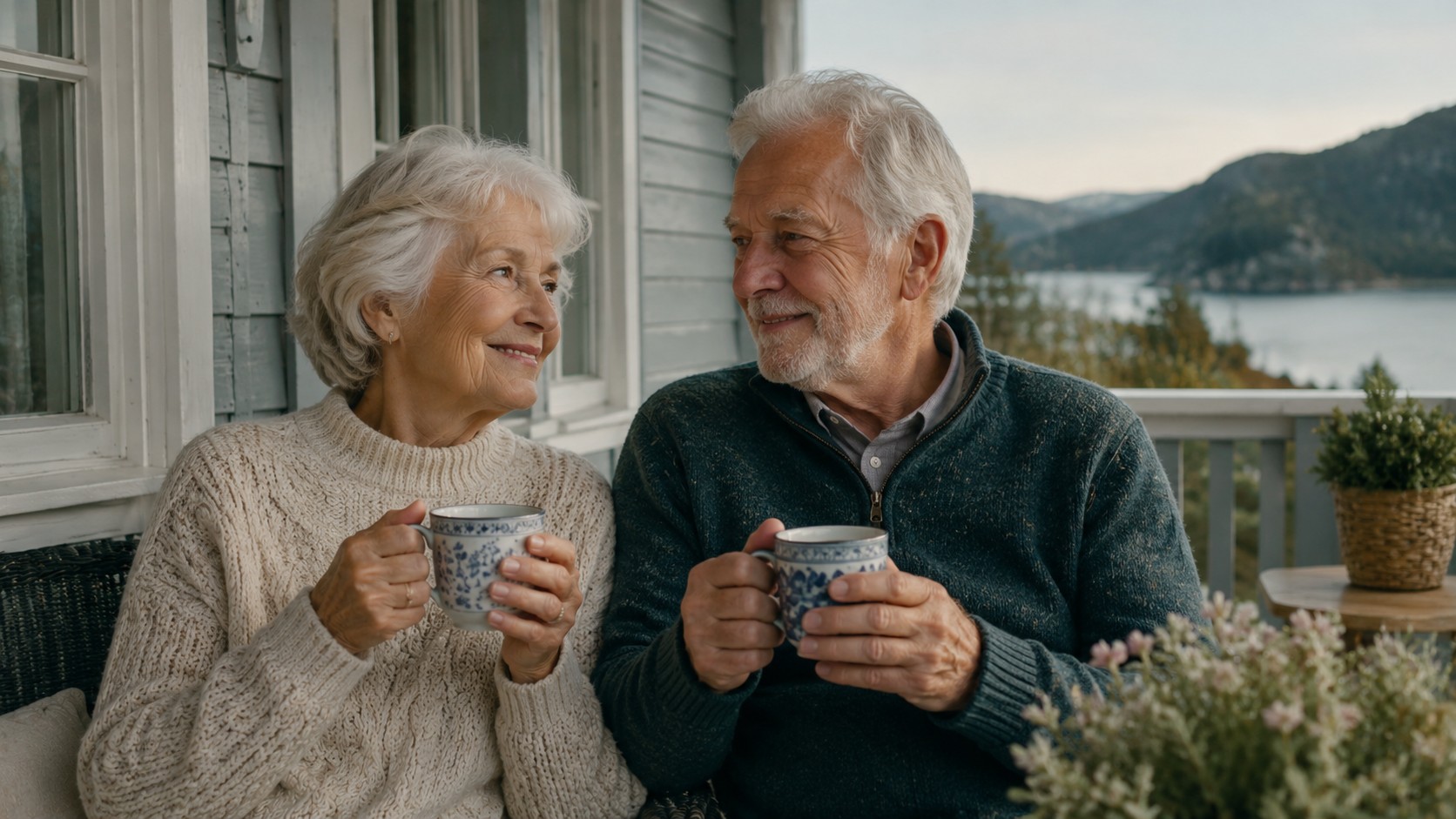 Eldre par drikker kaffe på verandaen