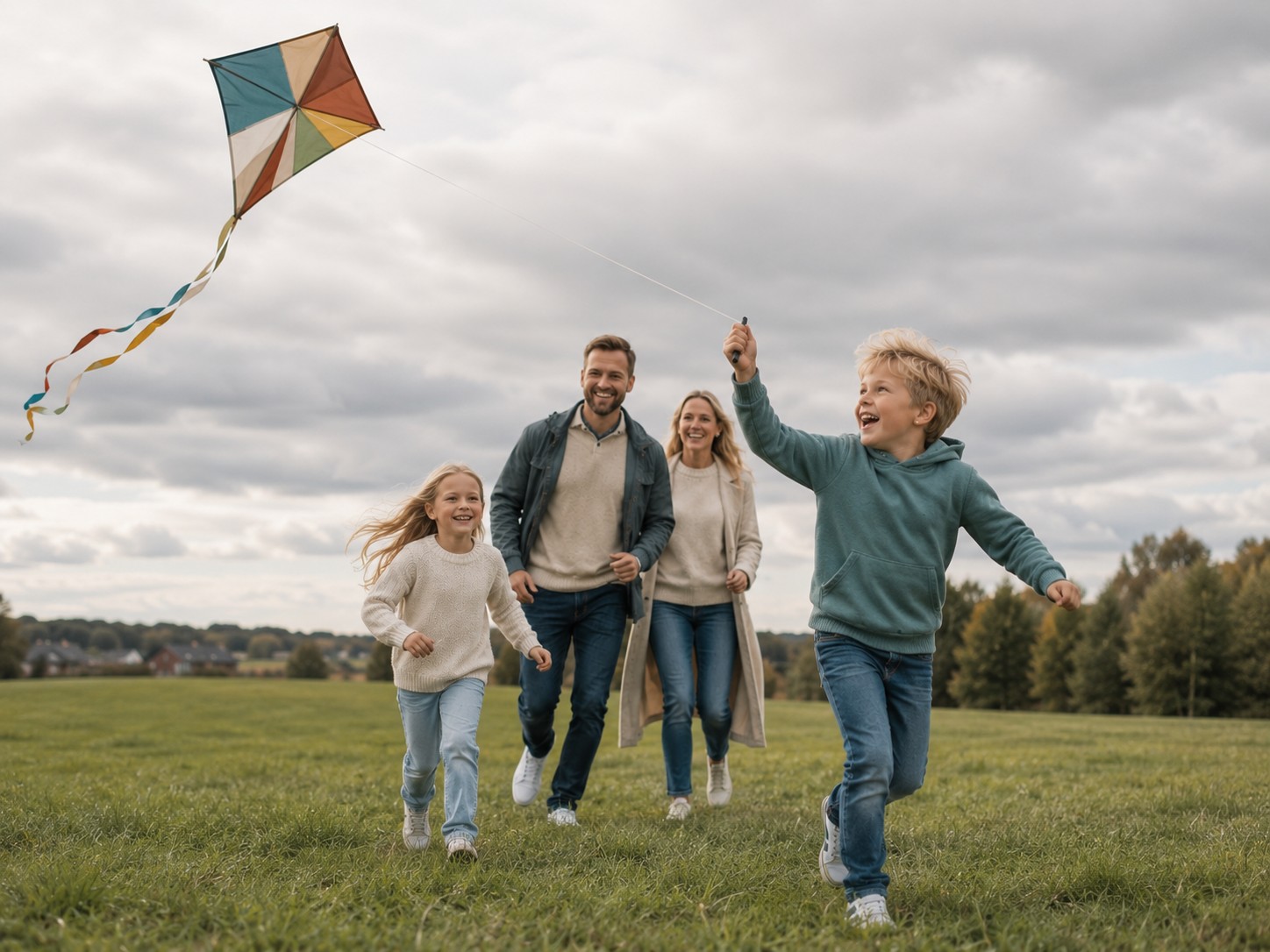 Familie flyr drage på et jorde ved Jessheim