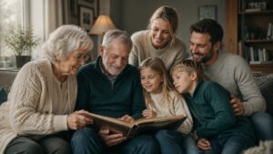 Familie ser i fotoalbum på sofaen