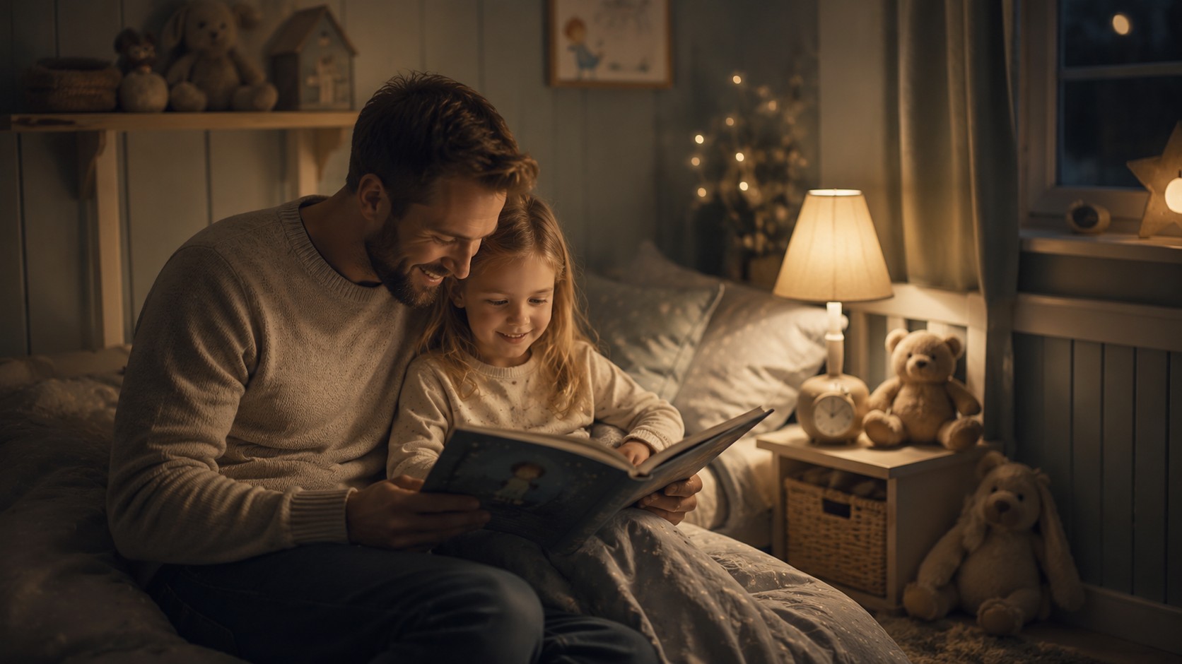 Forelder leser godnatthistorie for barn
