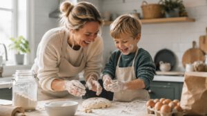 Forelder og barn baker sammen