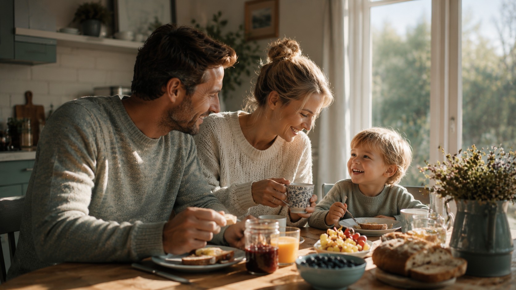 Par og barn spiser frokost ved solfylt bord