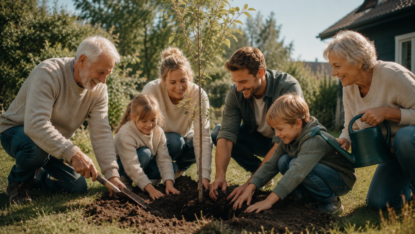 Tre generasjoner planter et tre sammen