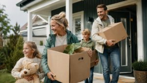 Familie ankommer nytt hjem med flytteeske